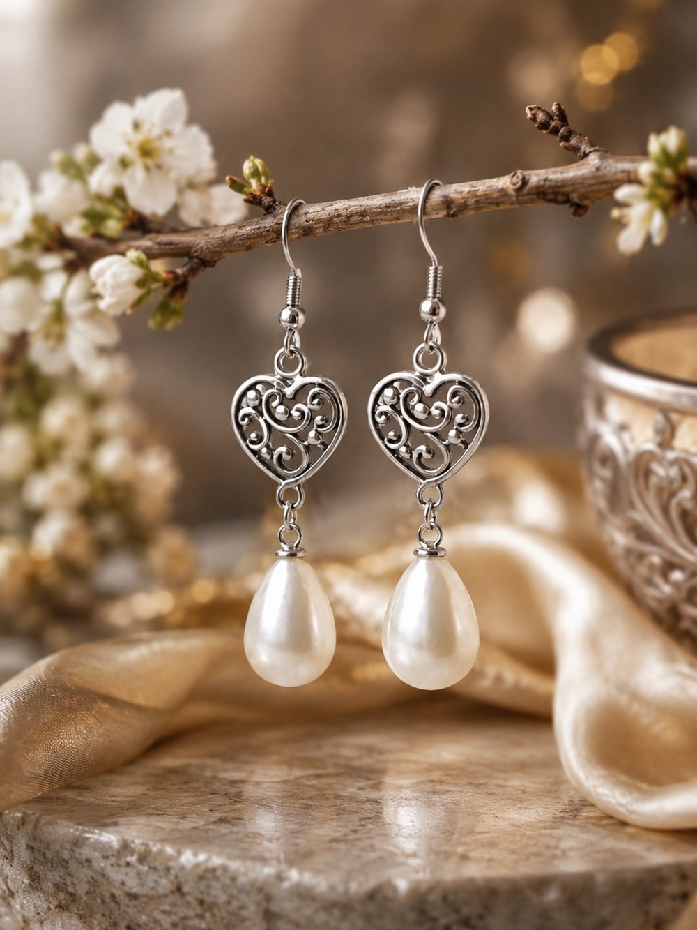 Heart Pearl Drop Earrings | Silver Filigree Dangle | Romantic Minimal